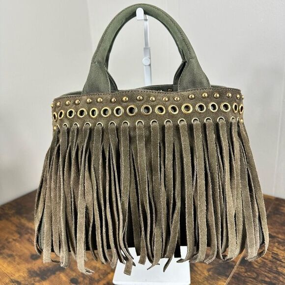 Prada Canapa Fringed Tote Bag Olive Green - Picture 1 of 16